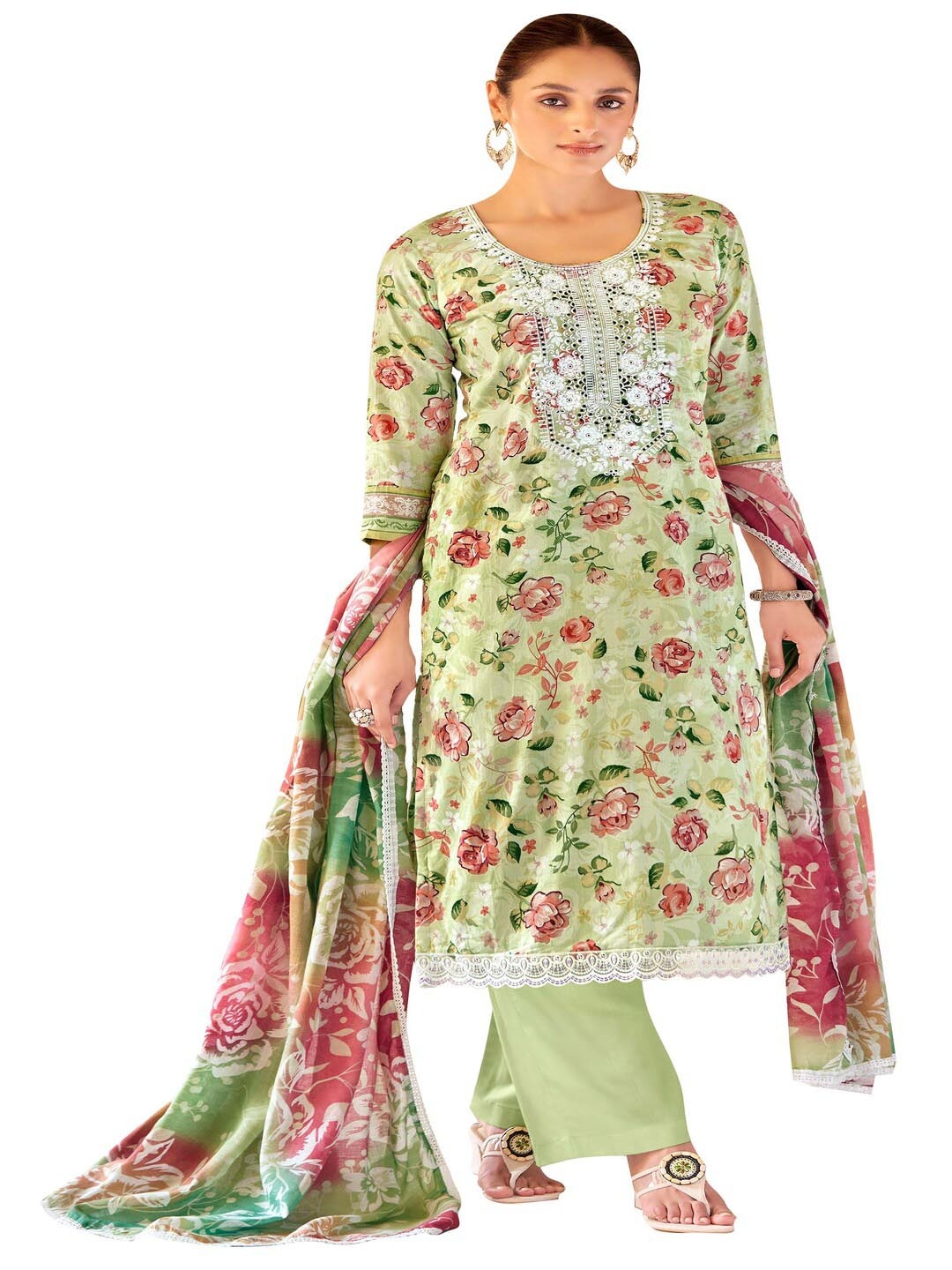 

DRAVINAM Floral Embroidered Pure Cotton Unstitched Dress Material, Green
