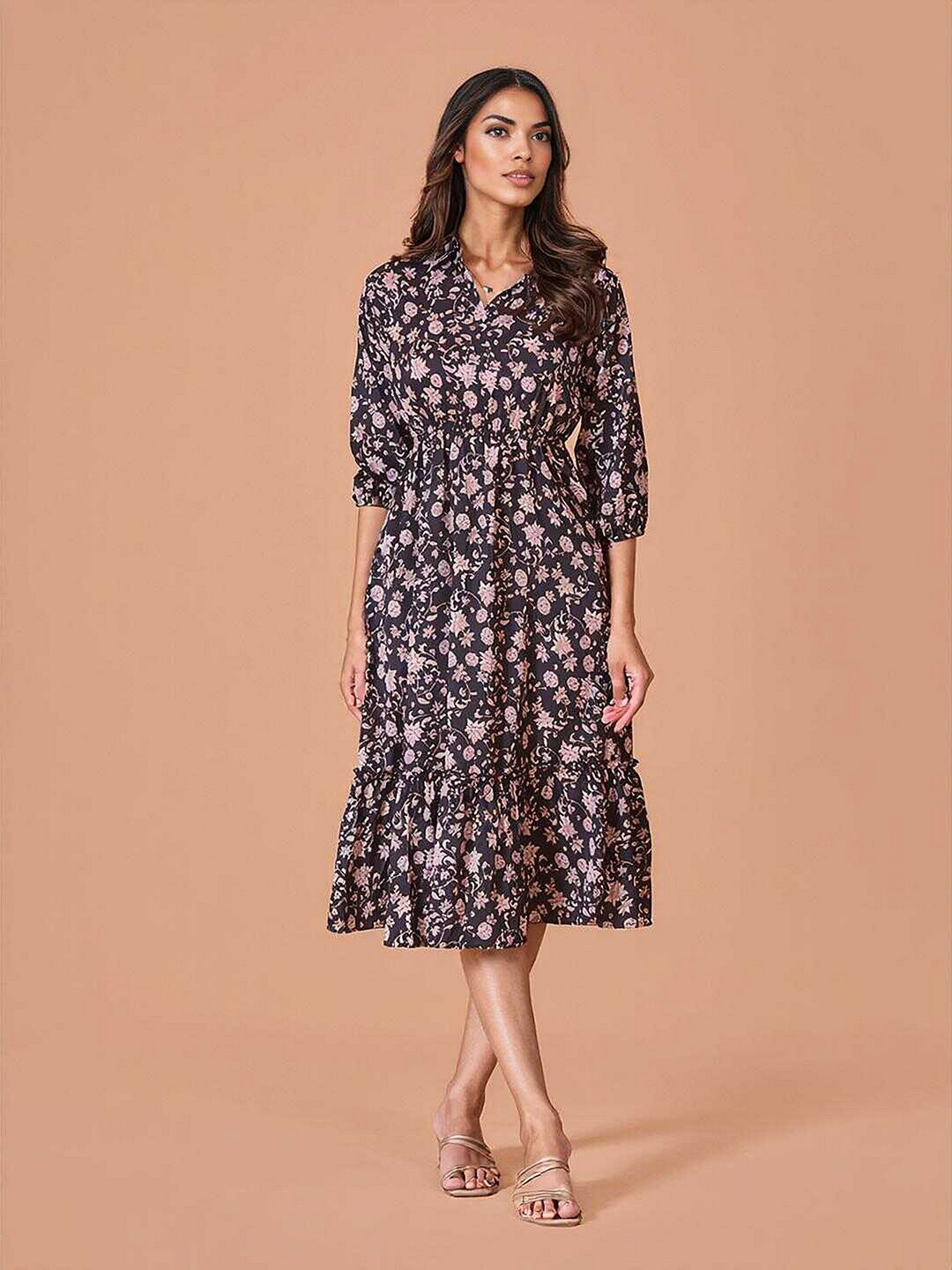 

DressBerry Women Floral Print Midi Fit & Flare Dress, Black