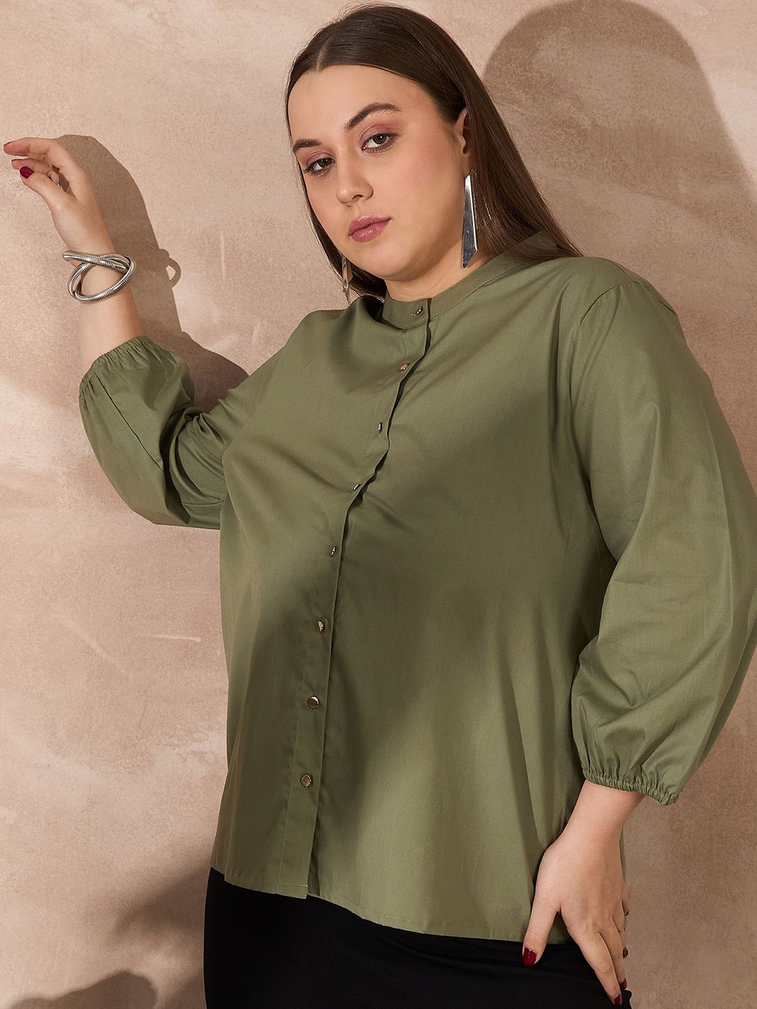 

all about you Women Plus Size Band Collar Solid Cotton Casual Shirt, Green