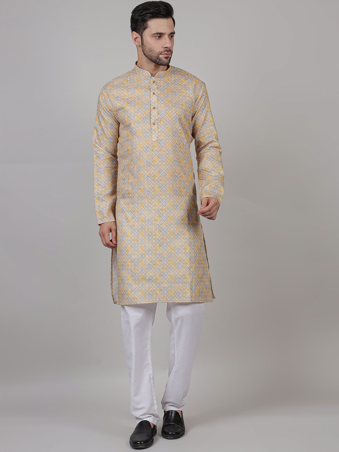 

John Philips Geometric Woven Design Band Collar Straight Kurta, Yellow