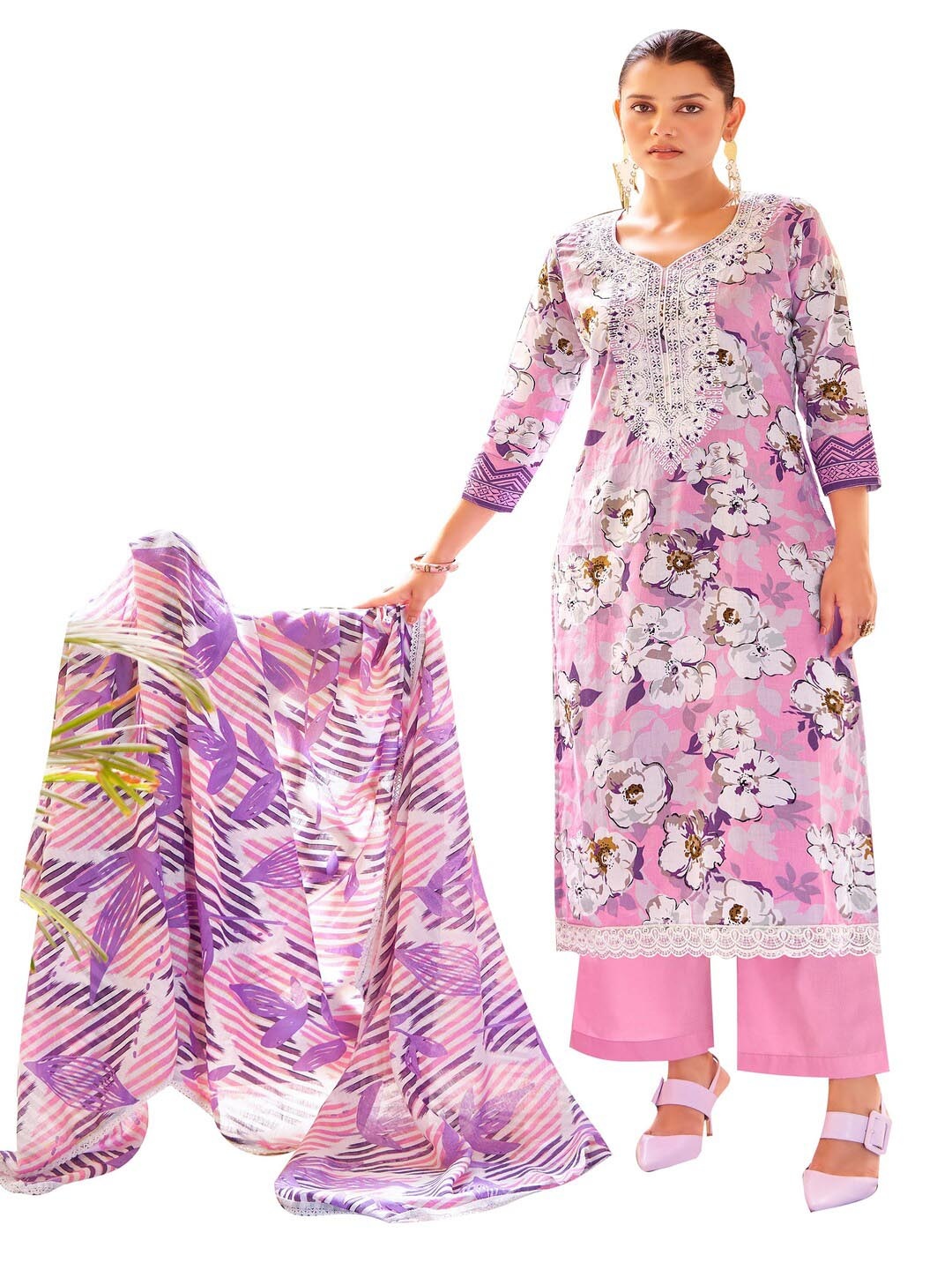 

DRAVINAM Trends Floral Embroidered Pure Cotton Unstitched Dress Material, Pink
