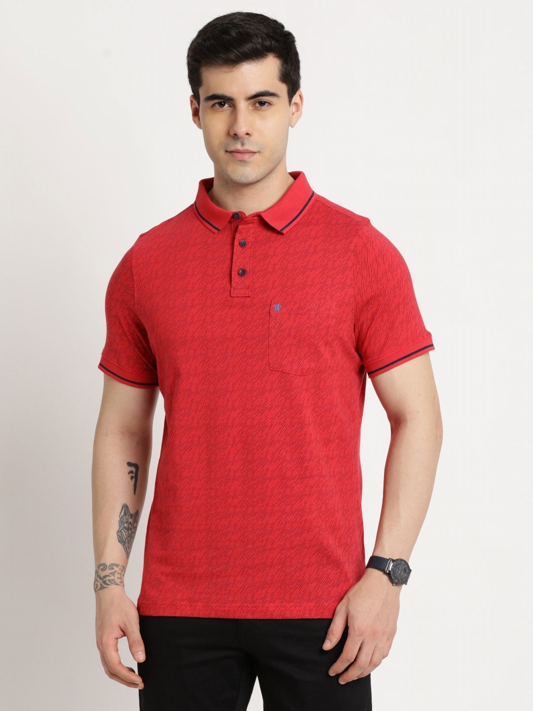 

Turtle Men Abstract Printed Polo Collar Pure Cotton Slim Fit T-shirt, Red