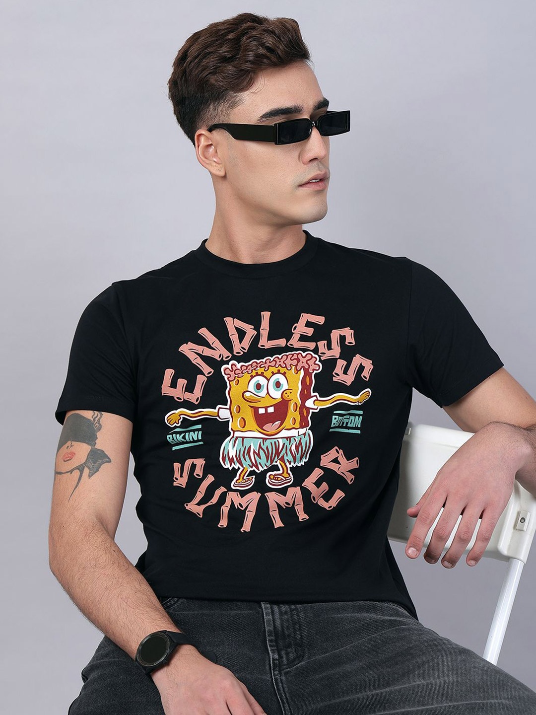 

Free Authority Men Spongebob Graphic Printed Round Neck Cotton T-shirt, Black