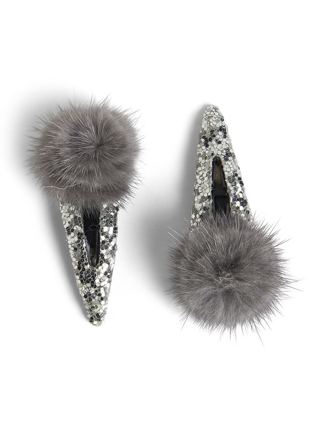 

RIBBON CANDY Girls Fur Tic Tac Hair Clip with Soft Pom Pom and 1 Pair Matching Rubbeband, Grey