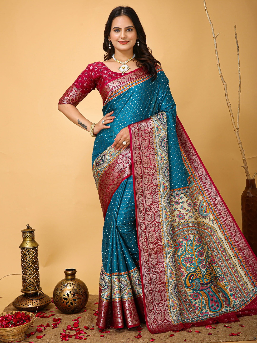 

KAYOMMI Kalamkari Woven Design Zari Kanjeevaram Saree, Blue