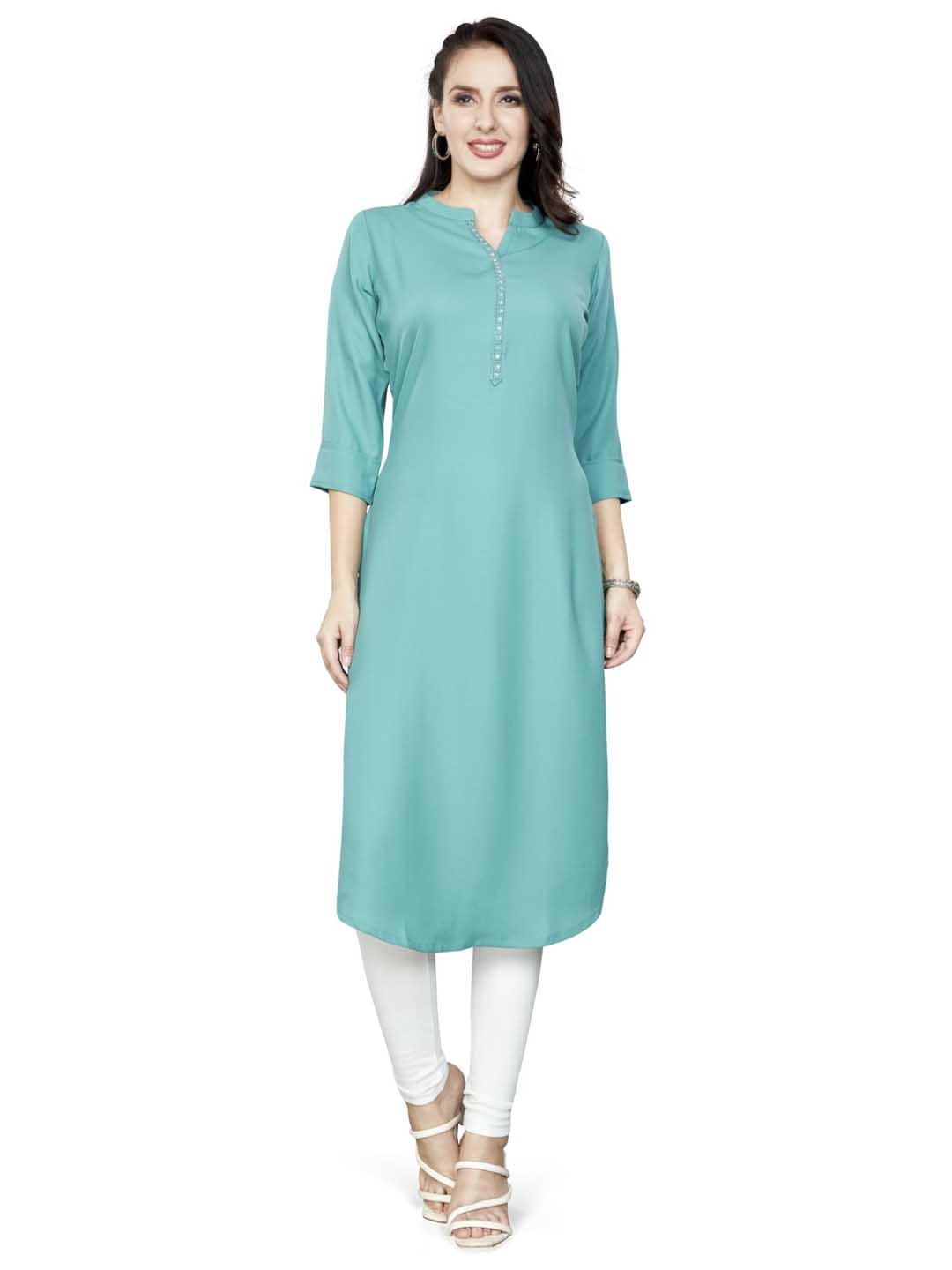 

Nioni Swarovski Mandarin Collar Dobby Linen Straight Kurta, Sea green