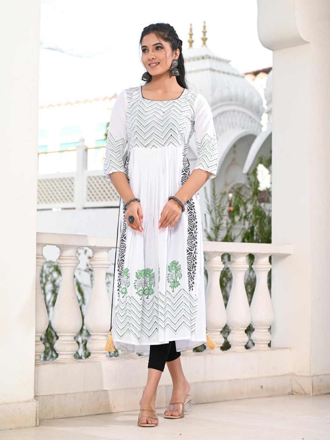 

Moda Rapido Chevron Printed Block Printed A-line Kurta, White