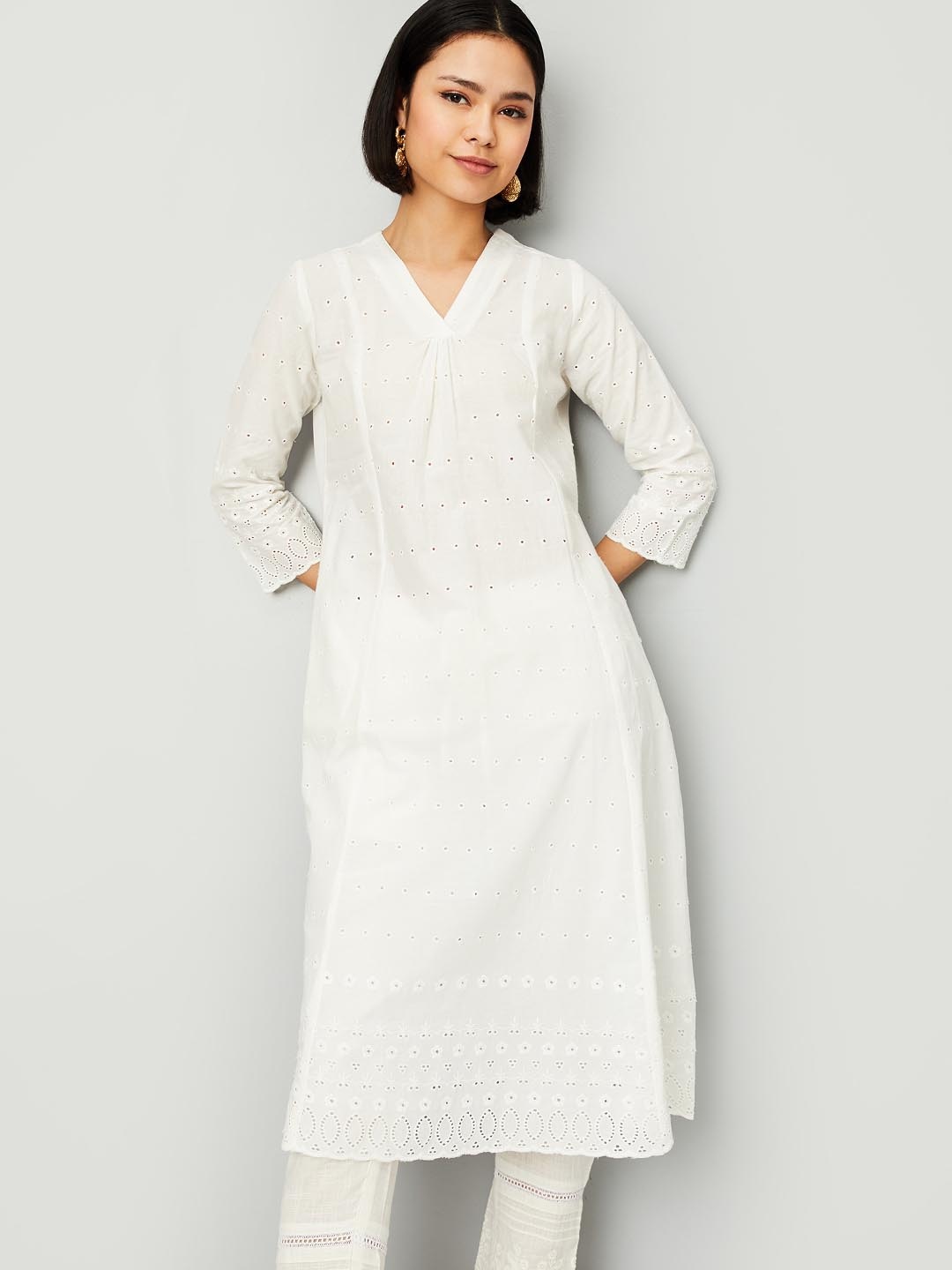 

max Self Design V-Neck Panelled A-Line Kurta, Beige