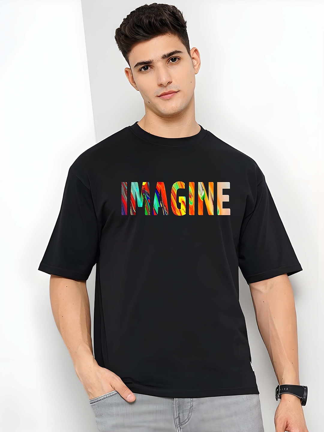 

Krimmple Men Drop-Shoulder Sleeves Pure Cotton T-shirt, Black