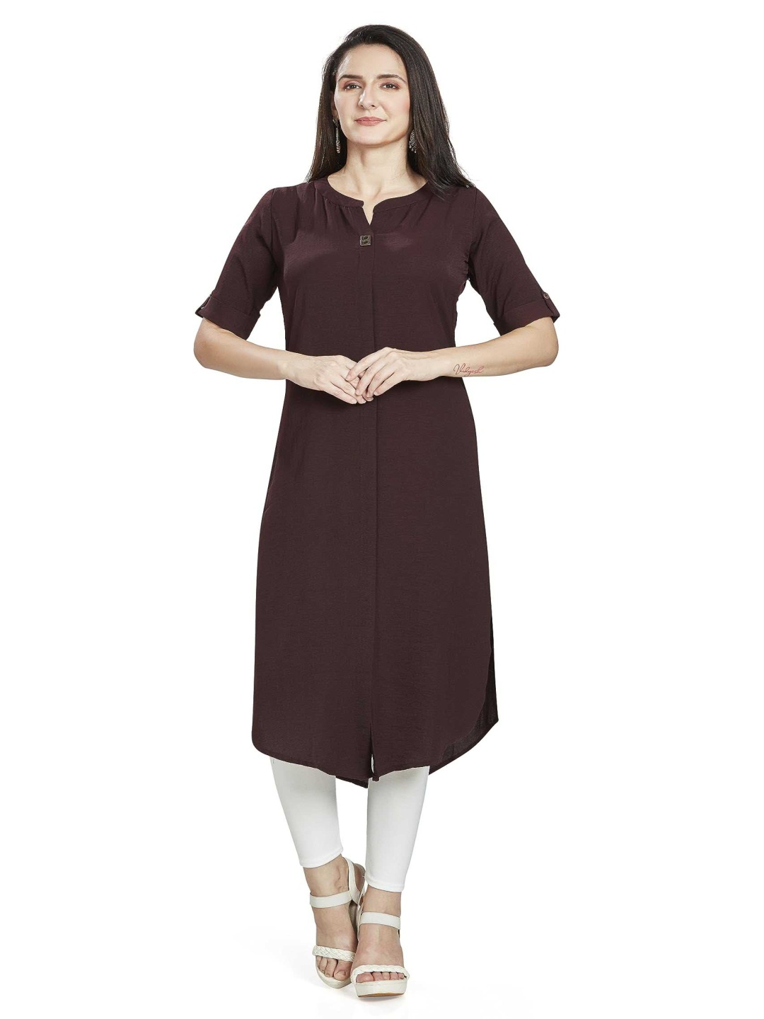 

Nioni Women Colourblocked Flared Sleeves Khadi Kurta, Coffee brown