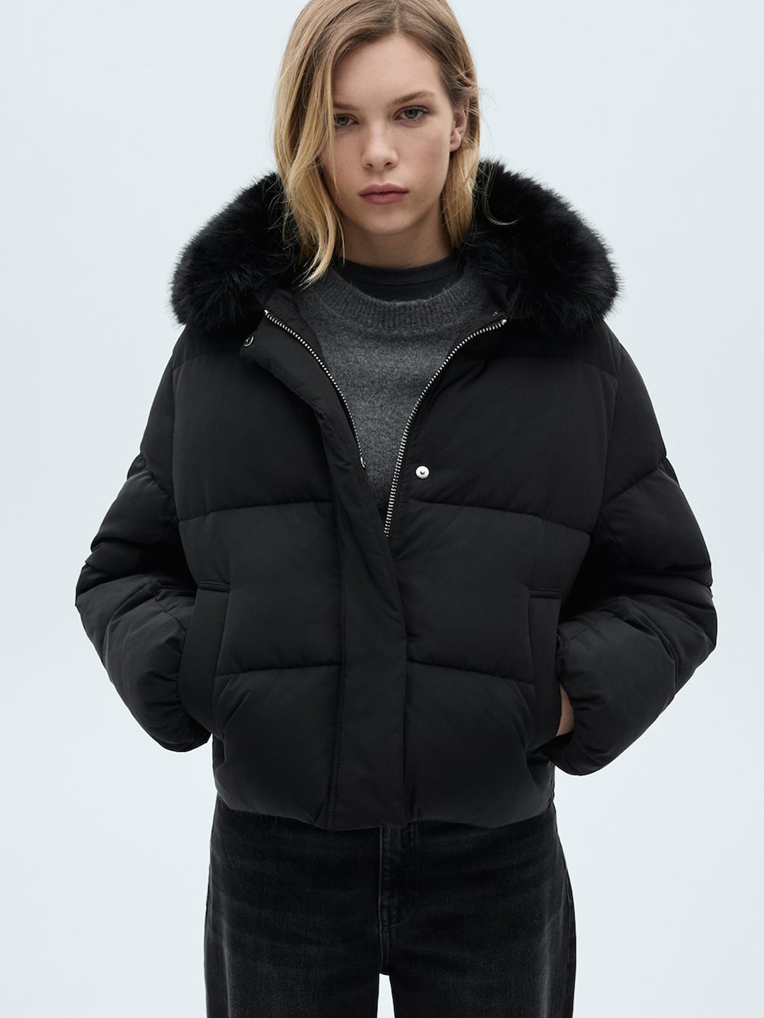 

MANGO Padded Faux Fur Trim Jacket, Black