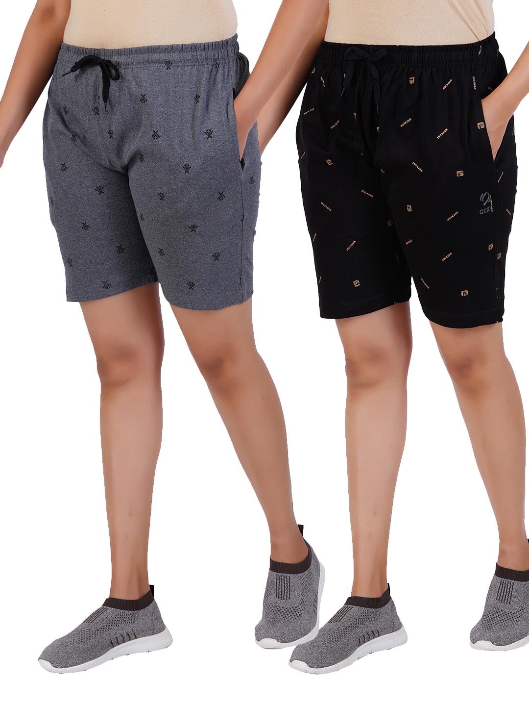 

GUIDE Women Pack Of 2 Cotton Printed Shorts, Grey