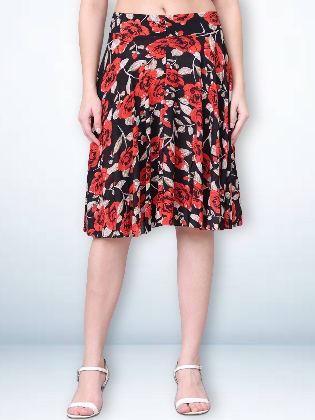 

Jinfo Printed Knee Length Flared Skirt With Attached Shorts, Black