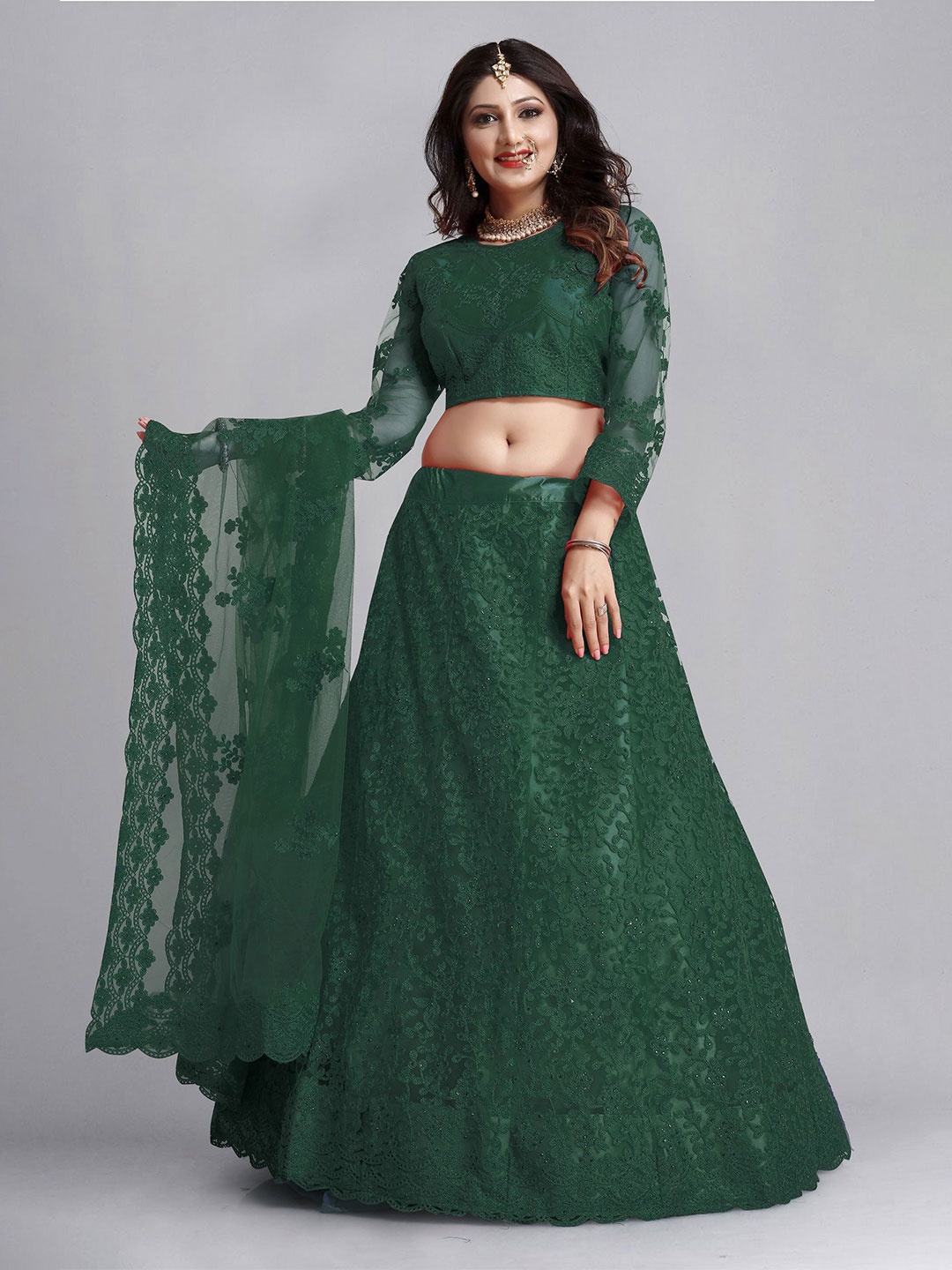 

Warthy Ent Embroidered Thread Work Semi-Stitched Lehenga & Unstitched Blouse With Dupatta, Green