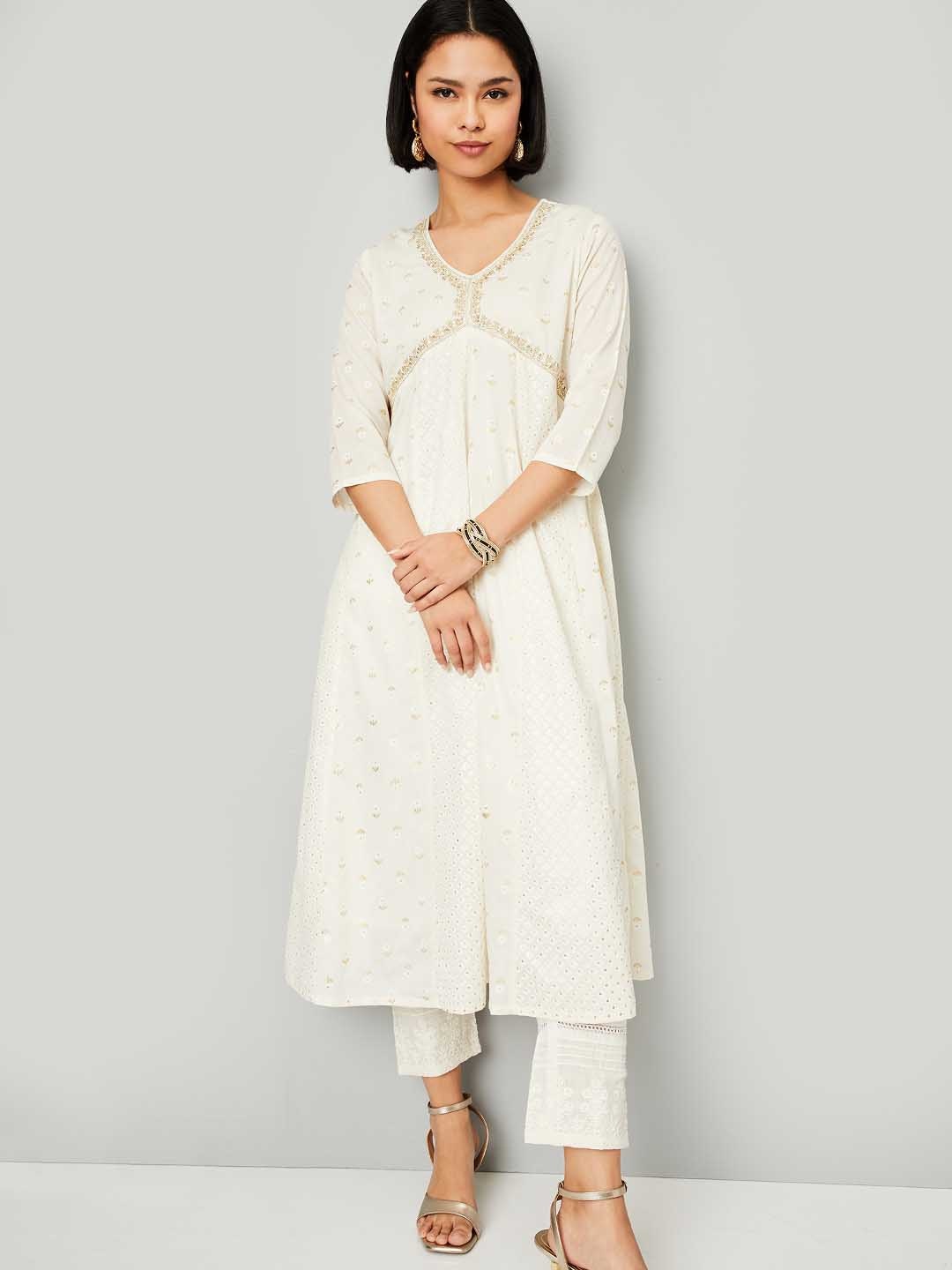 

max Ethnic Motifs Printed Empire Sequinned V-Neck A-Line Kurta, Off white