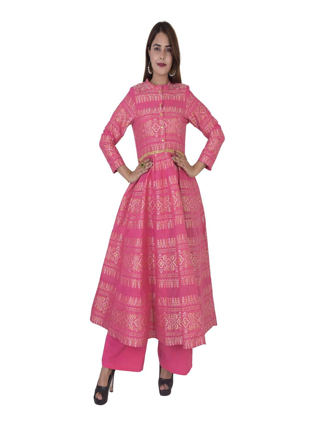 

KHUSHIBA Floral Printed Round Neck Mandarin Collar Cotton Silk Anarkali Kurta With Palazzo, Pink