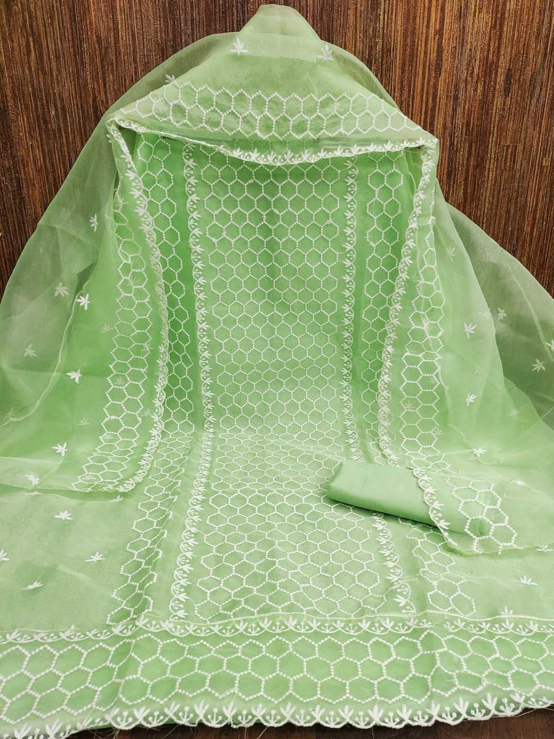 

Panzora Geometric Embroidered Organza Unstitched Dress Material, Green