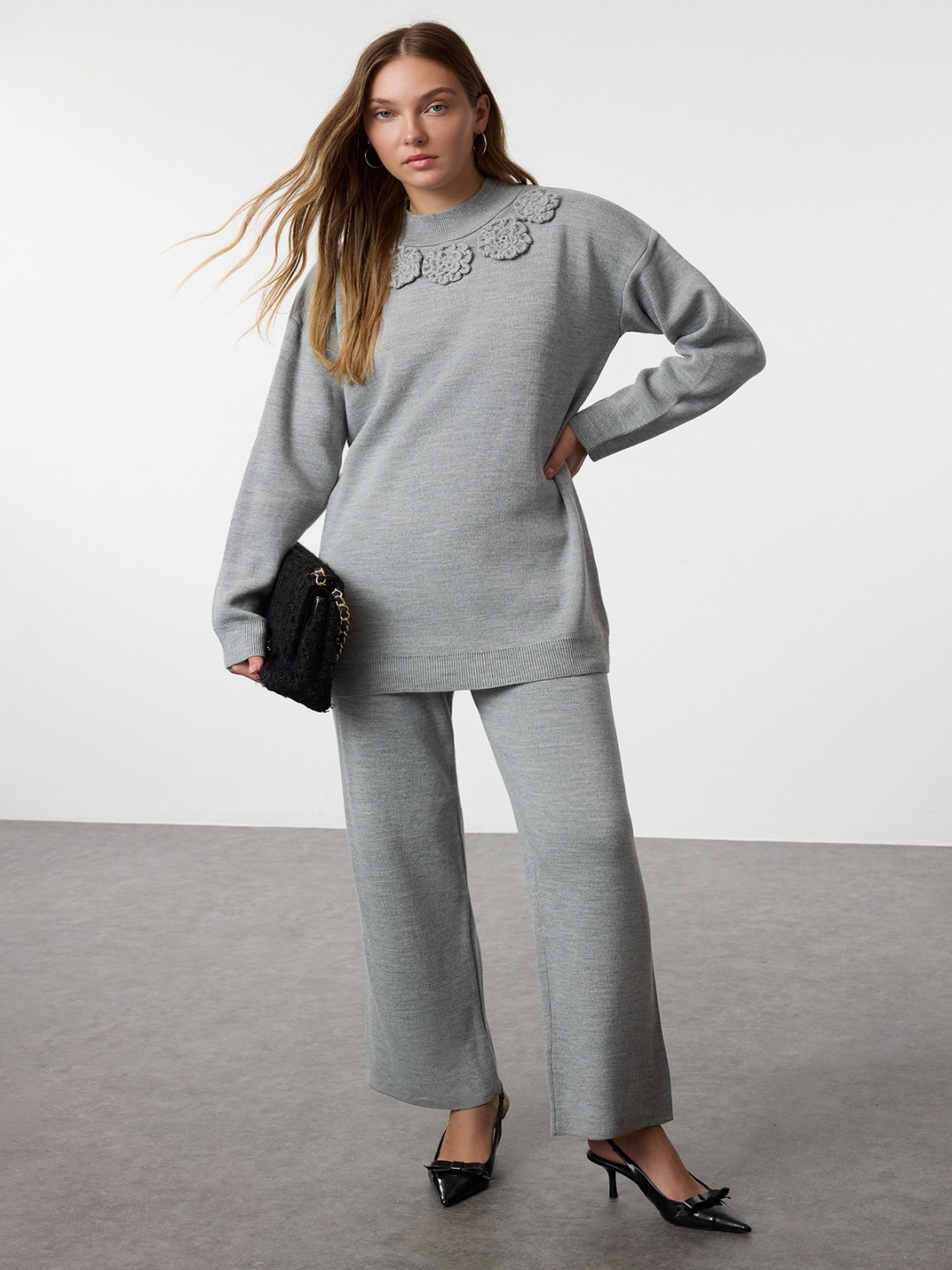 

Trendyol Rose-Detail Self Design Round Neck Sweater & Palazzo, Grey