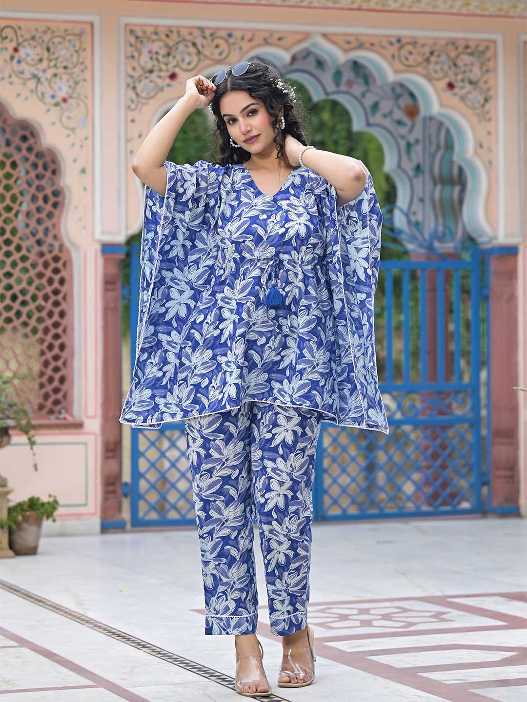 

Aravalii Floral Printed Cotton Indigo Lily Luxe Kaftan Top With Trouser Co-Ords, White