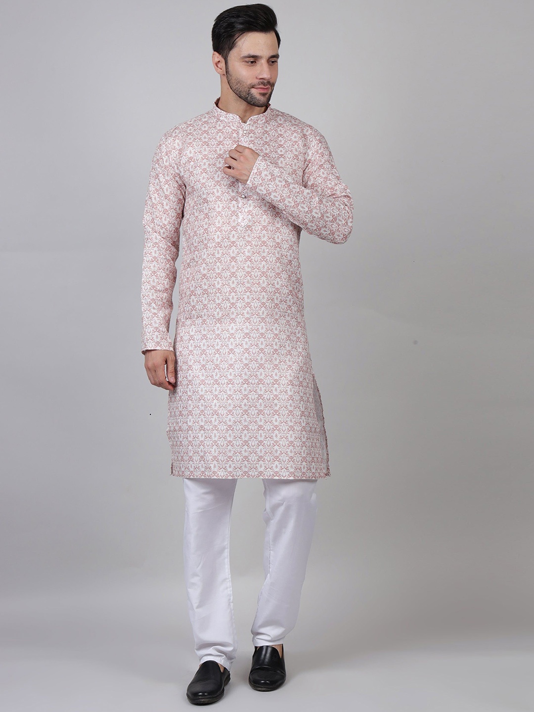 

John Philips Geometric Woven Design Band Collar Straight Kurta, Orange