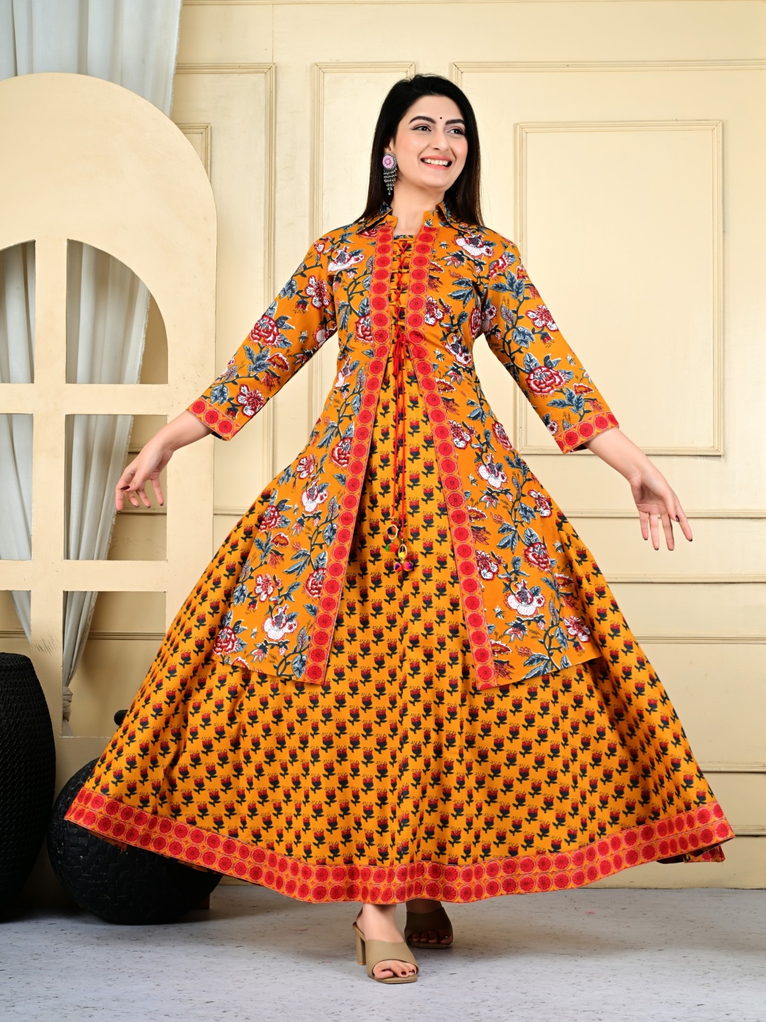 

DSS FASHION Floral Printed Mirror Work Pure Cotton Anarkali Kurta, Yellow