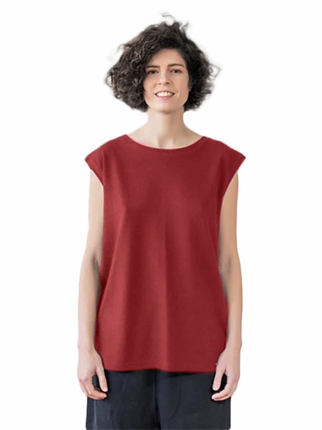 

NOTWILD Women Solid Round Neck Cotton T-shirt, Maroon