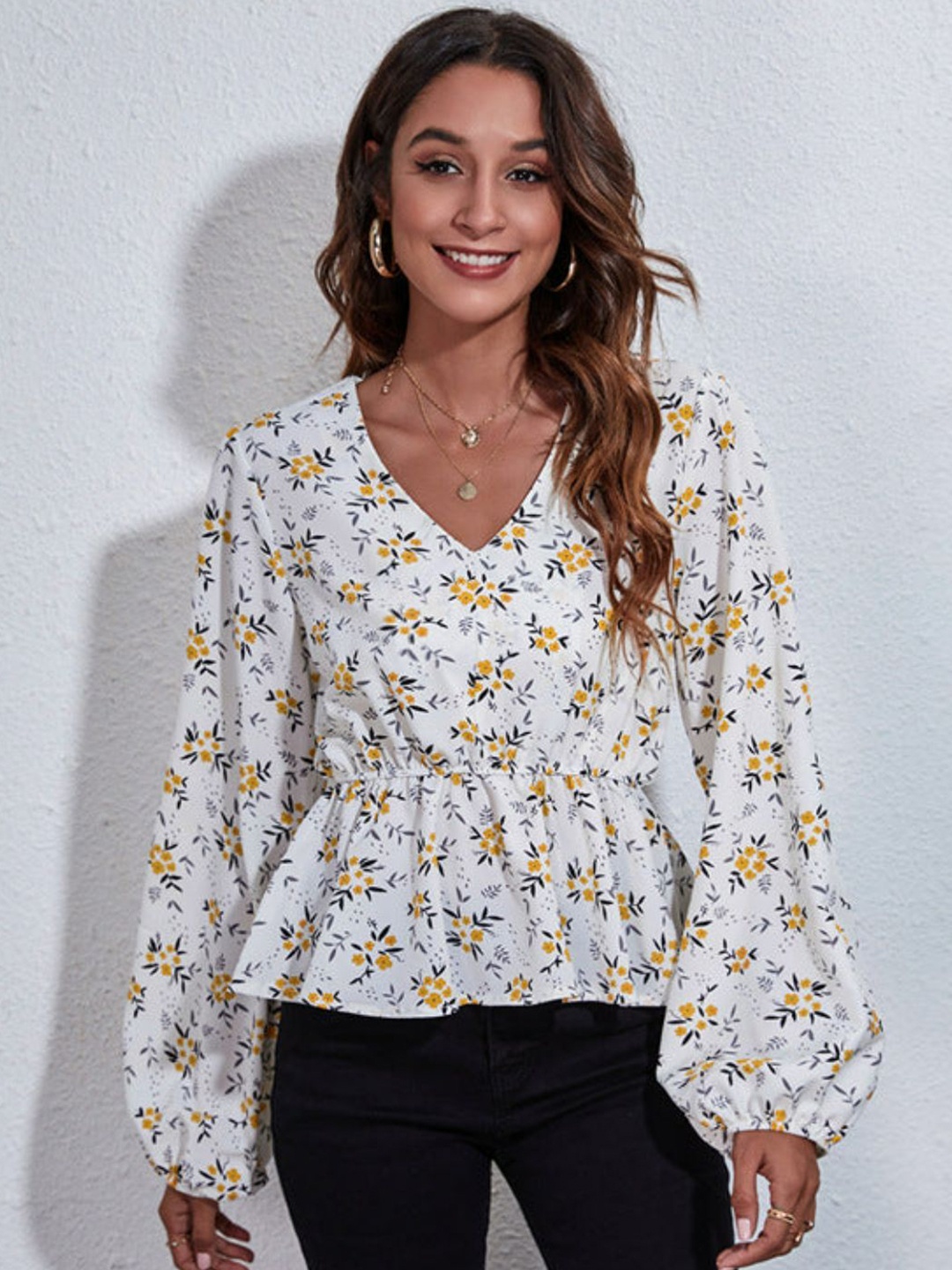 

Oh Rare Floral Print Puff Sleeve Peplum Top, Yellow