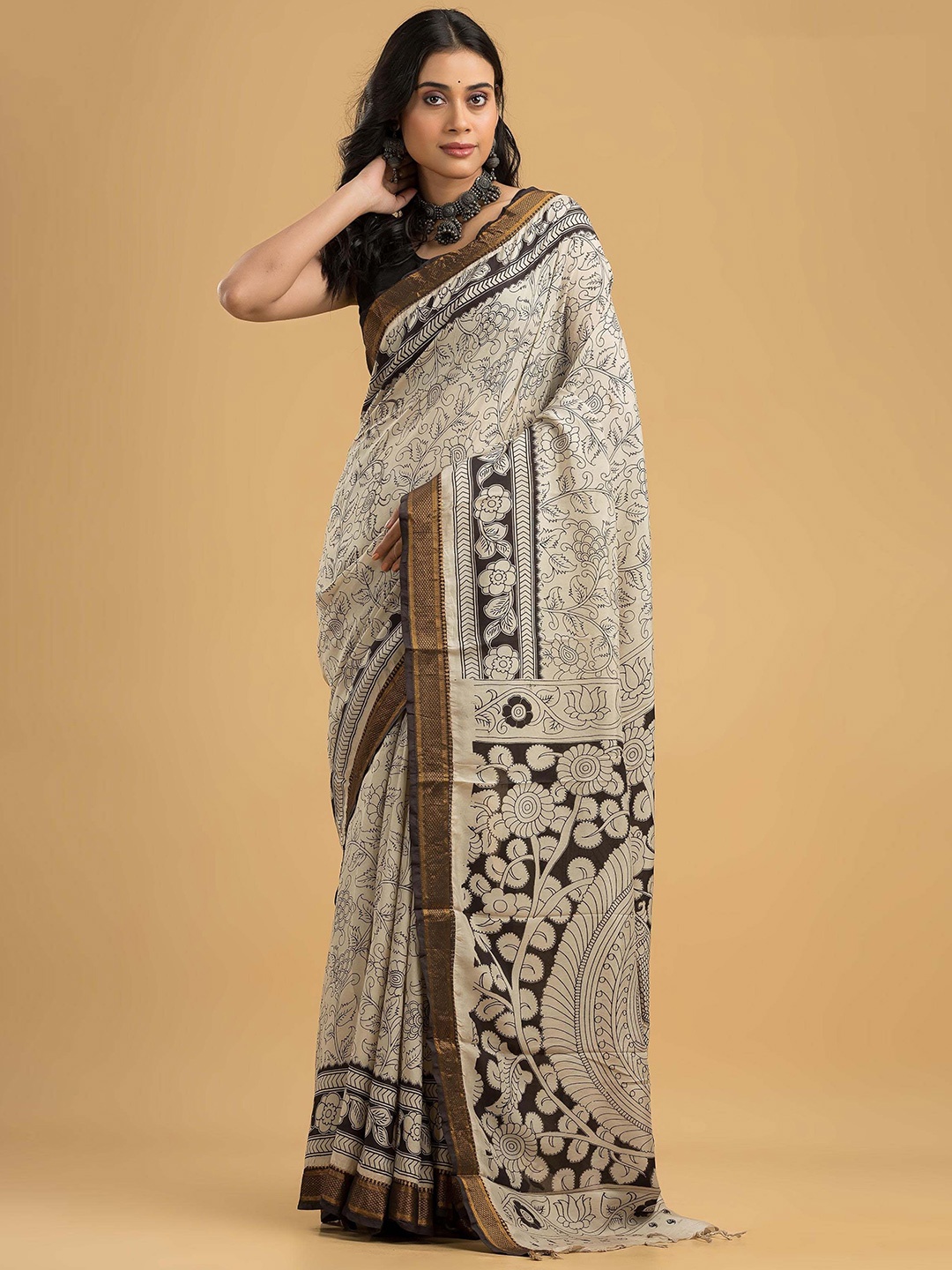 

Dheu Kalamkari Zari Block Print Saree, Beige