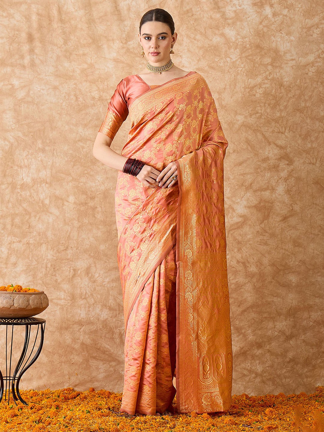

MANVAA Woven Design Zari Silk Blend Banarasi Saree, Peach