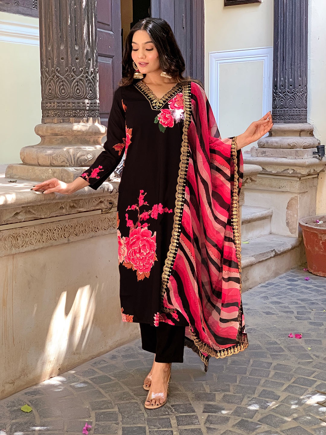 

SHOPONBIT Floral Printed V-Neck Sequinned Straight Kurta With Trousers & Dupatta, Brown