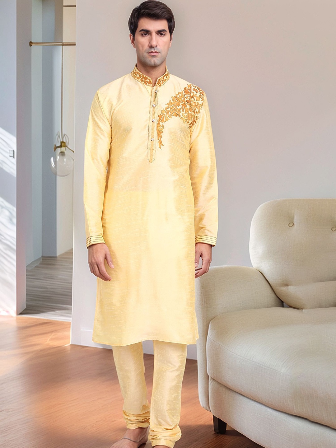 

Moda Rapido Men Embroidered Regular Kurta with Pyjamas, Beige