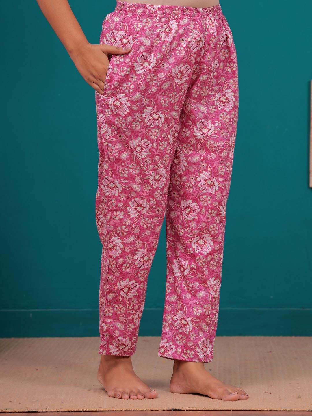 

Nevisha Style Floral Printed Notch Neck Pure Cotton Tunic And Trouser, Pink