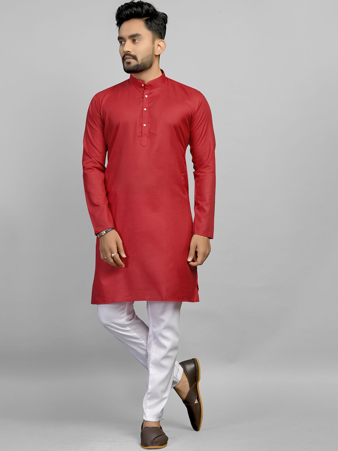 

Fashion FRICKS Band Collar Straight Kurta, Red