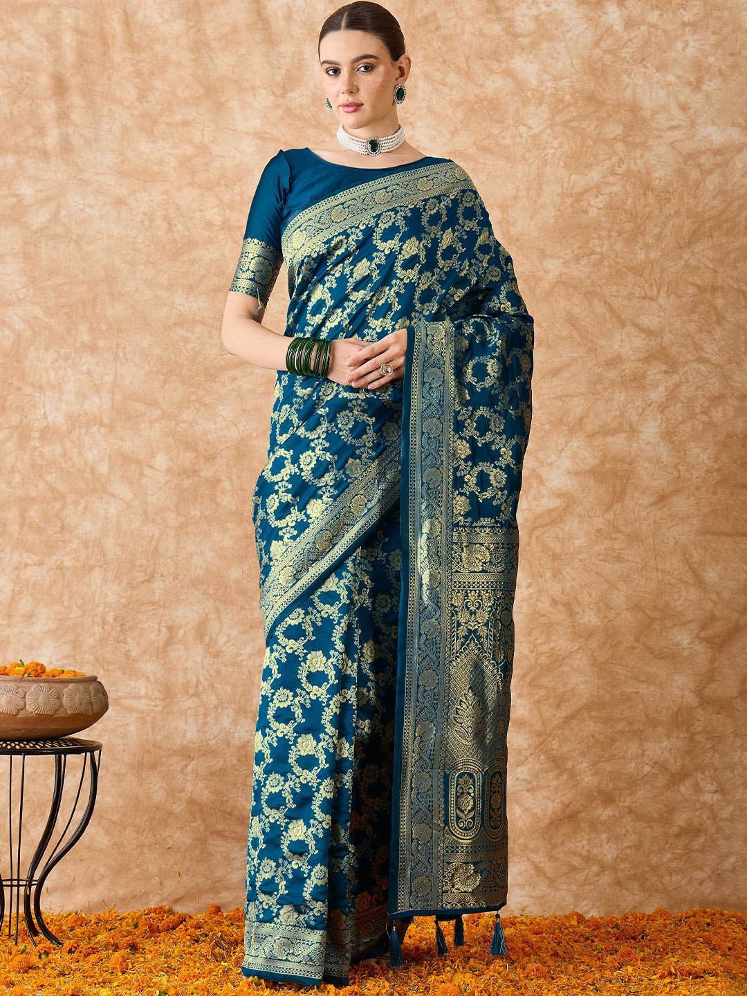 

Maroosh Ethnic Motifs Zari Silk Blend Banarasi Saree, Blue