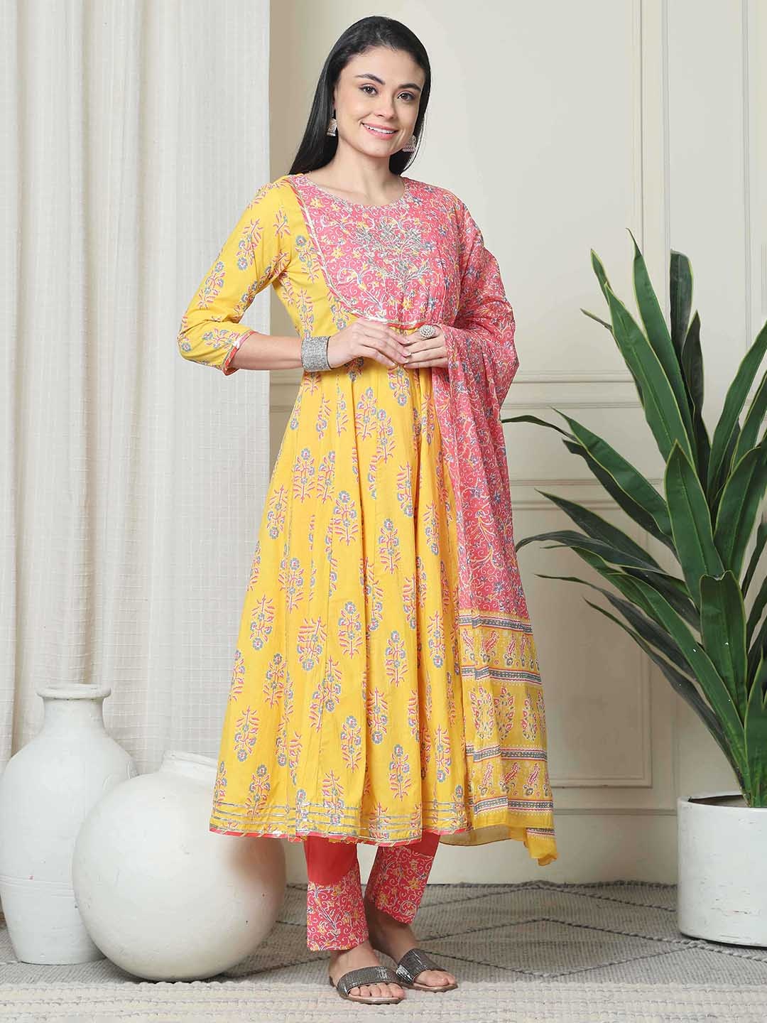 

Rajnandini Floral Printed Pure Cotton A-Line Kurta With Trousers & Dupatta, Yellow