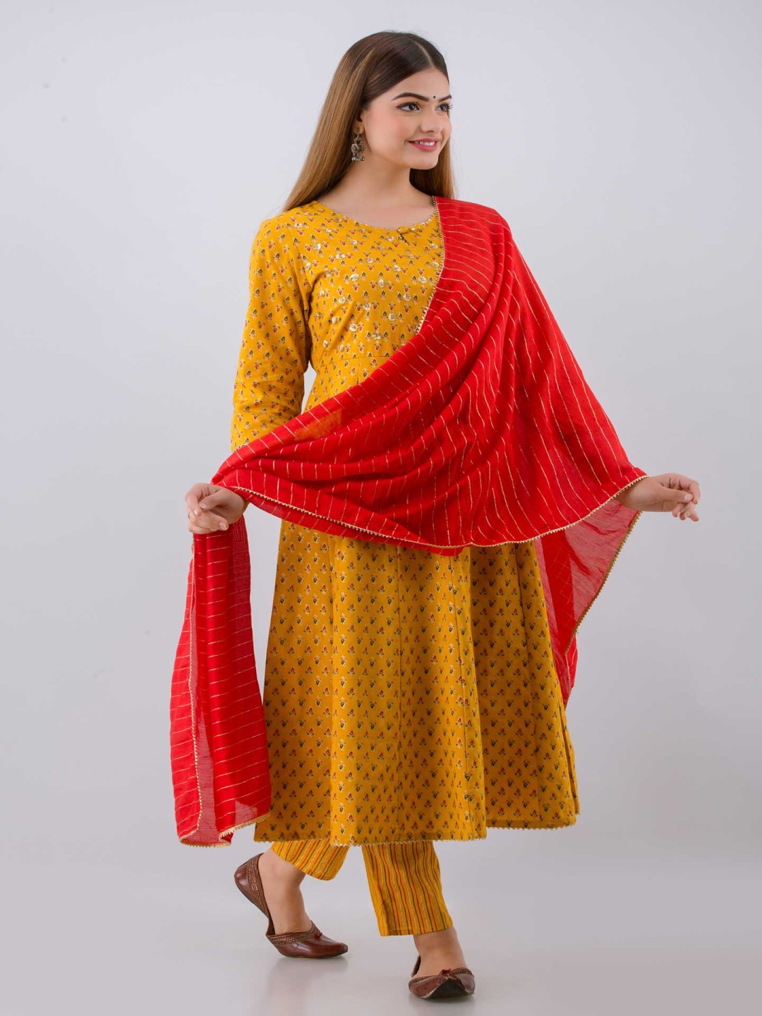 

KUMARI Women Floral Yoke Design Angrakha Sequinned Pure Cotton Kurta with Pyjamas & With Dupatta, Mustard