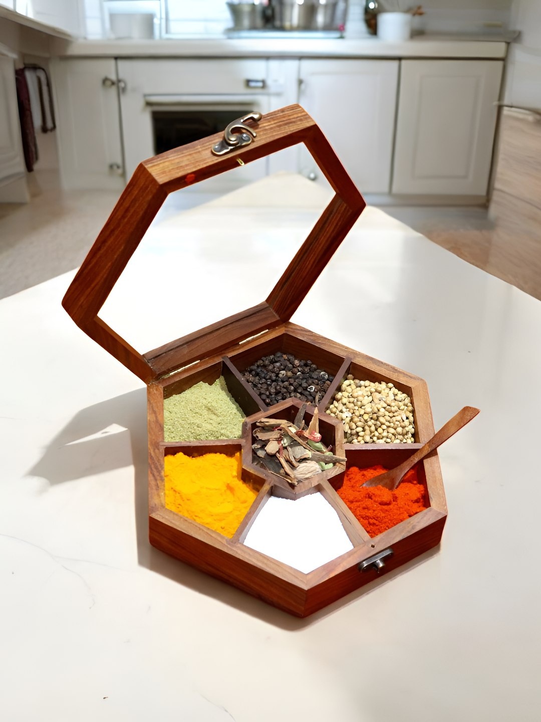 

Creation India Craft Brown Easy to Clean Wooden Spice Box