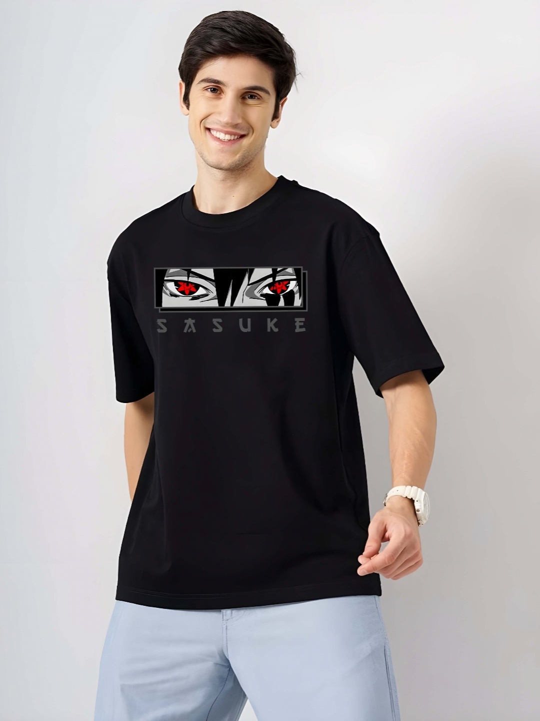

Moda Rapido Men Naruto Graphic Printed Round Neck Pure Cotton Oversized T-shirt, Black