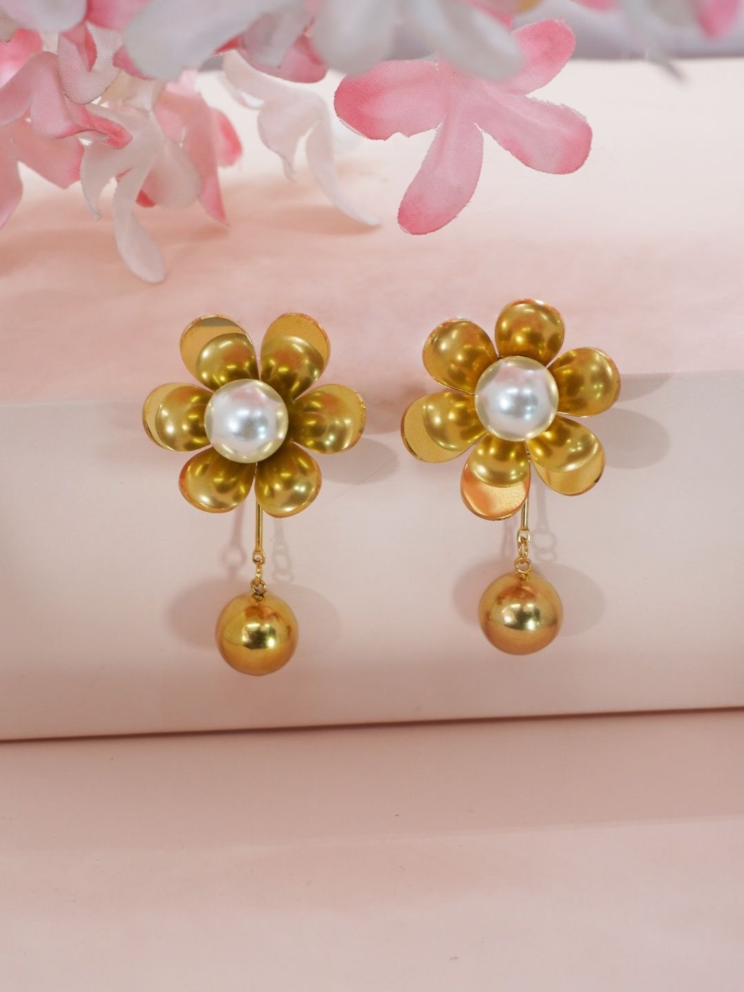 

Niscka Gold-Plated Pearl Studded Floral Shaped Drop Earrings