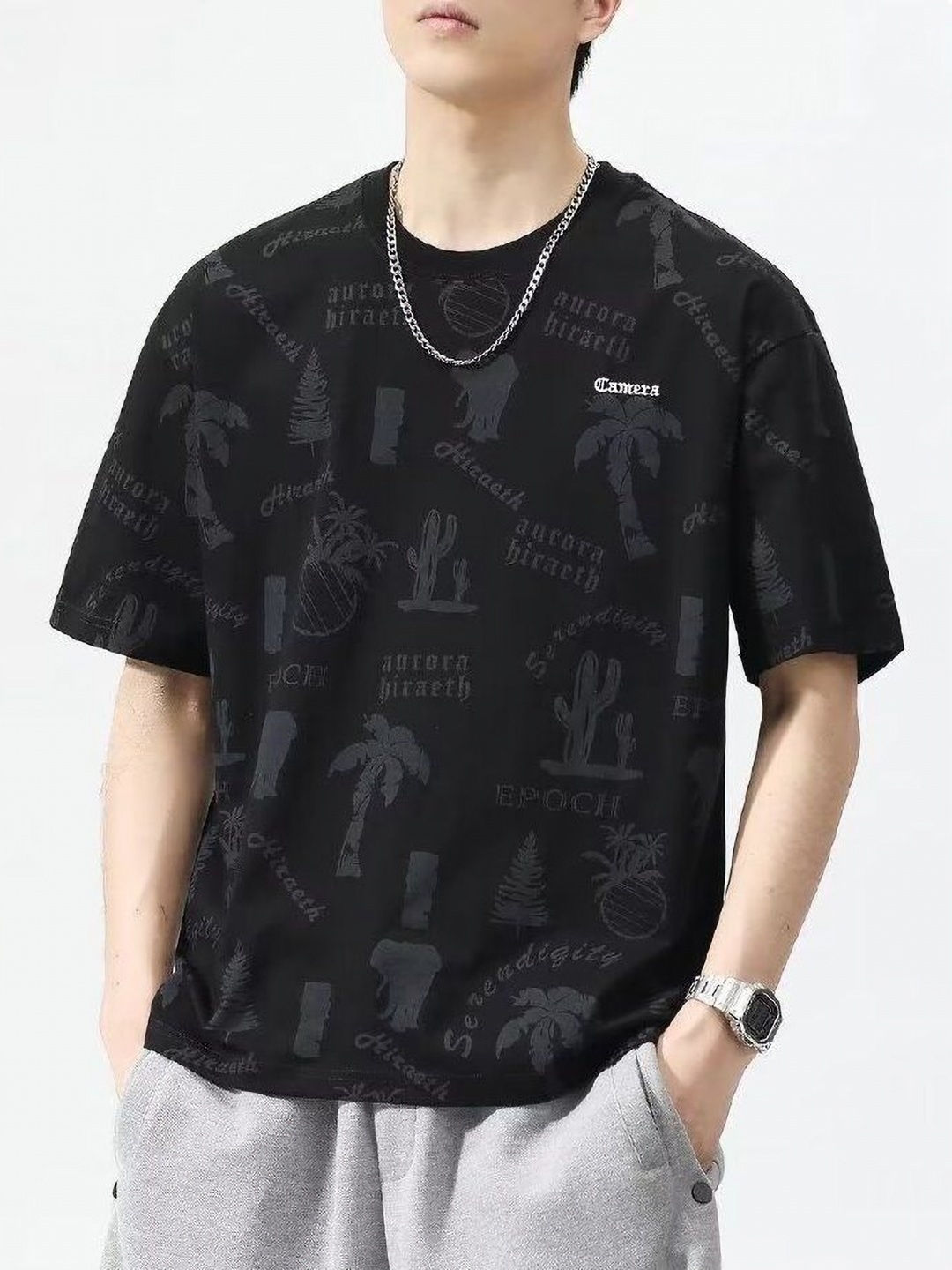 

StyleCast Men Conversational Printed Round Neck Silk T-shirt, Black