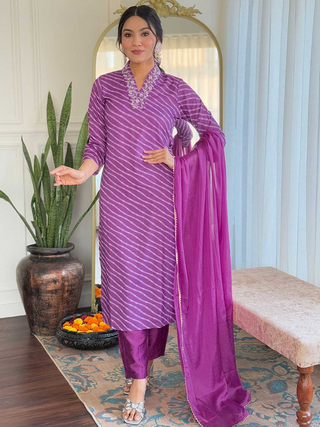 

BLACK SCISSOR Women Printed Regular Thread Work Kurta with Trousers & With Dupatta, Purple