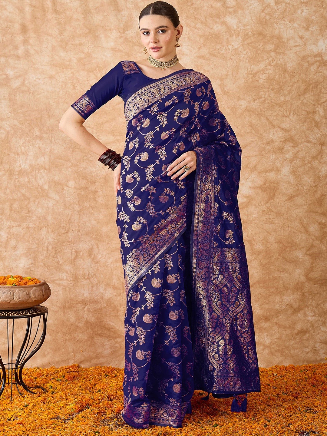 

MANVAA Woven Design Zari Silk Blend Banarasi Saree, Navy blue