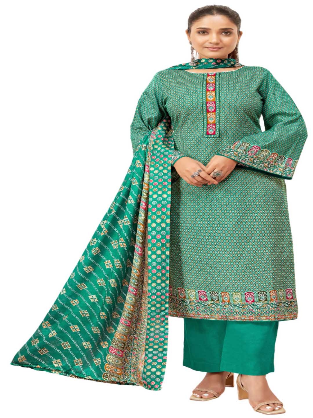 

DRAVINAM Trends Ethnic Motifs Printed Pure Cotton Unstitched Dress Material, Green