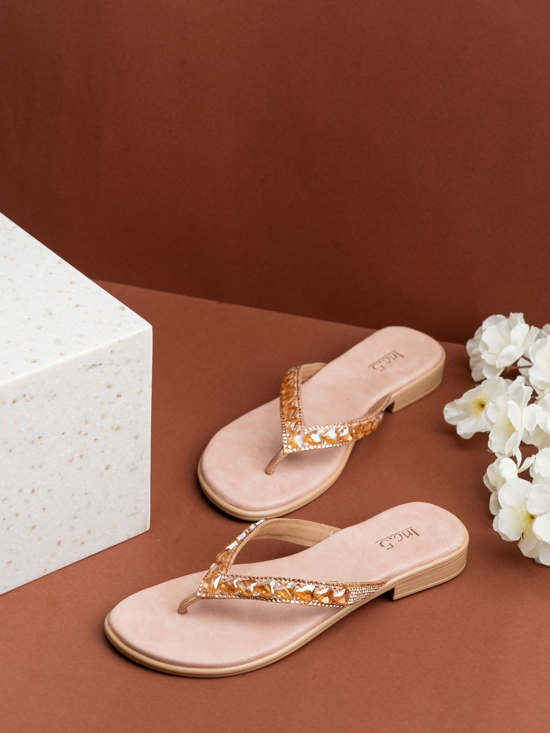 

Inc 5 Women Embellished T-Strap Flats, Peach