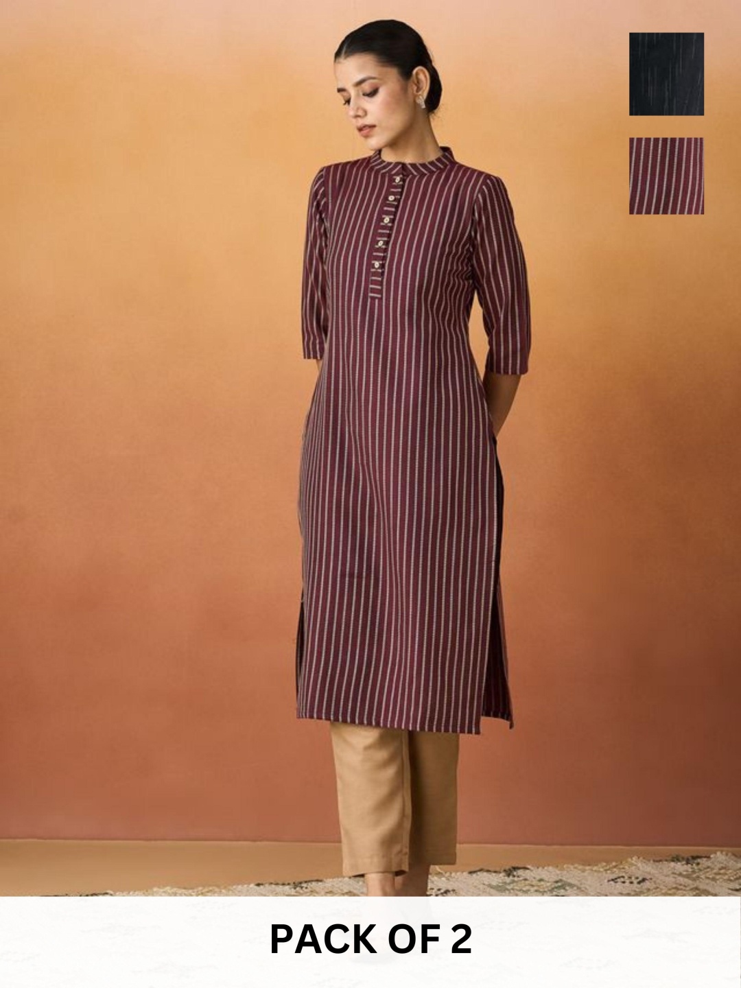 

KALINI Selection Of 2 Striped Mandarin Collar Straight Kurtas, Maroon