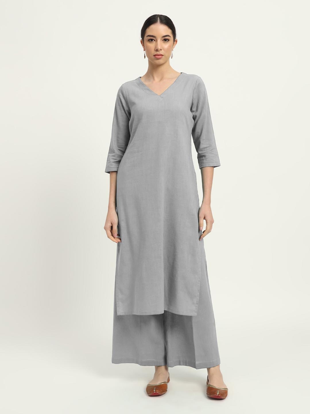 

Thevasa Verve and Versality V-Neck Straight Pure Cotton Tunic And Palazzo, Grey