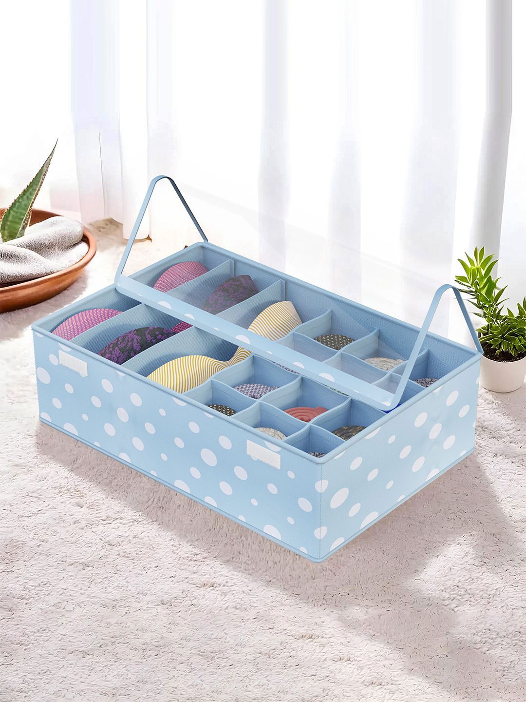 

Kuber Industries Blue & White Printed Reusable Drawer Organisers With Transparent Lid