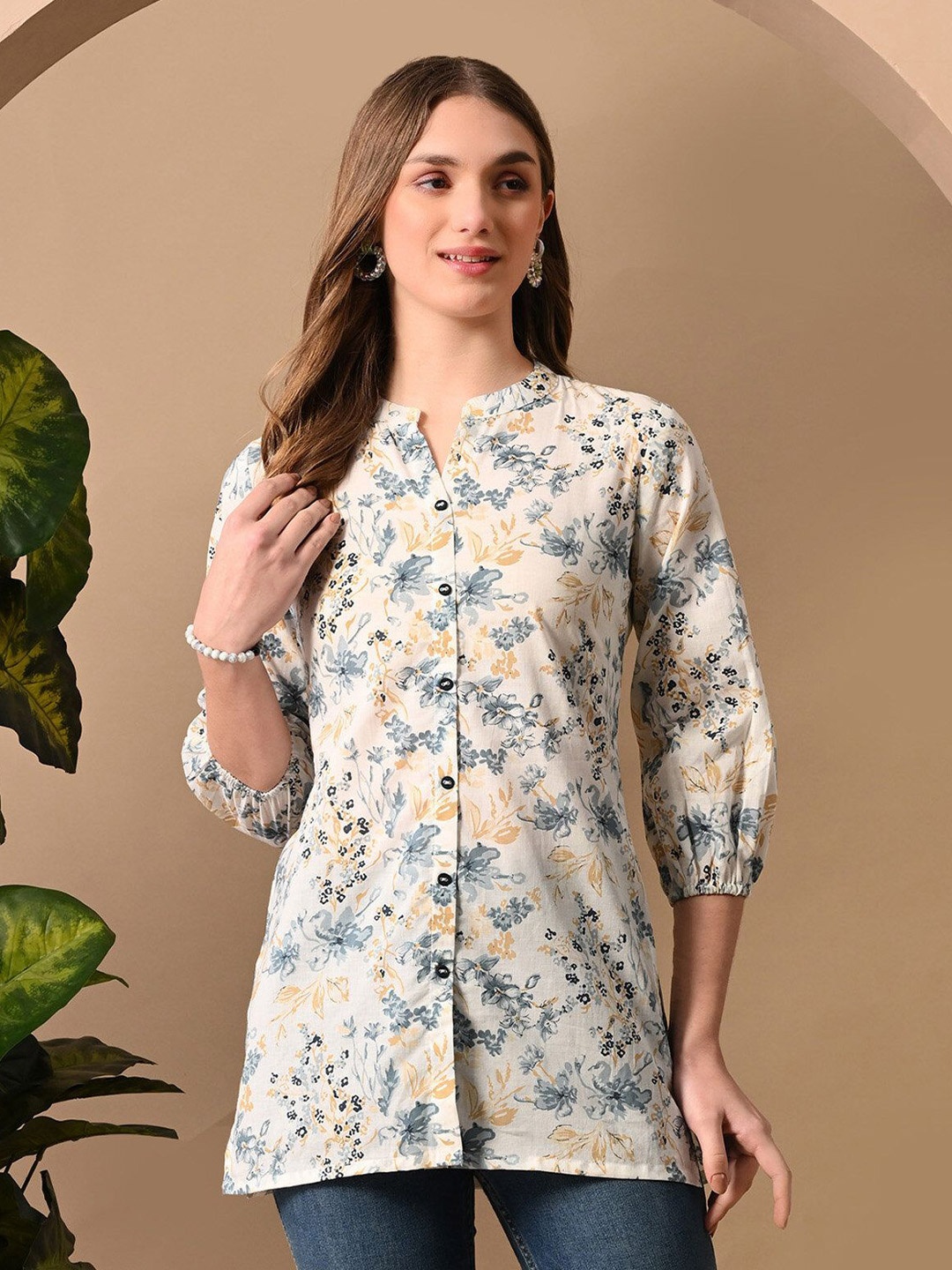 

Dipani Women Floral Printed Mandarin Collar Cotton Kurti, White
