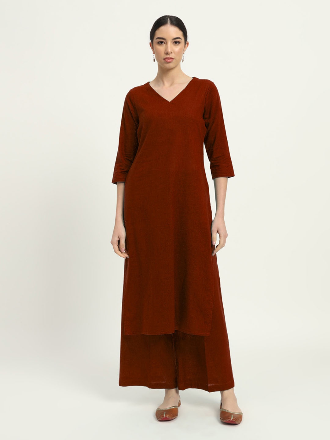 

Thevasa V-Neck Straight Pure Cotton Tunic And Palazzo, Red