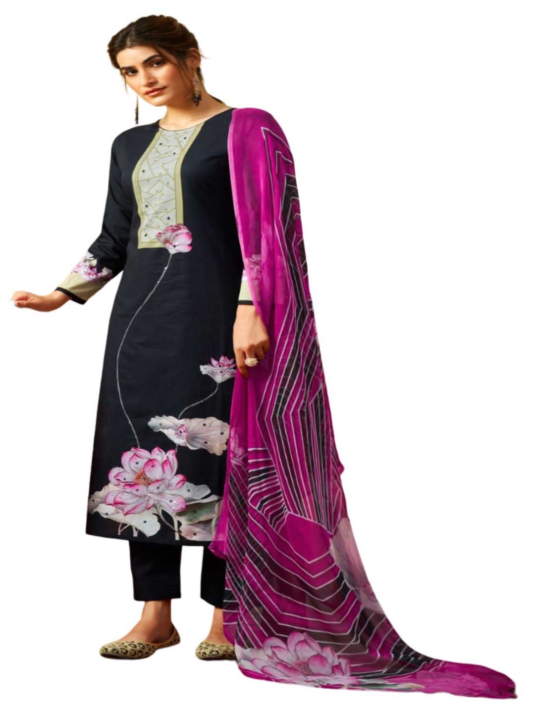 

DRAVINAM Floral Printed Sequinned Pure Cotton Unstitched Dress Material, Black